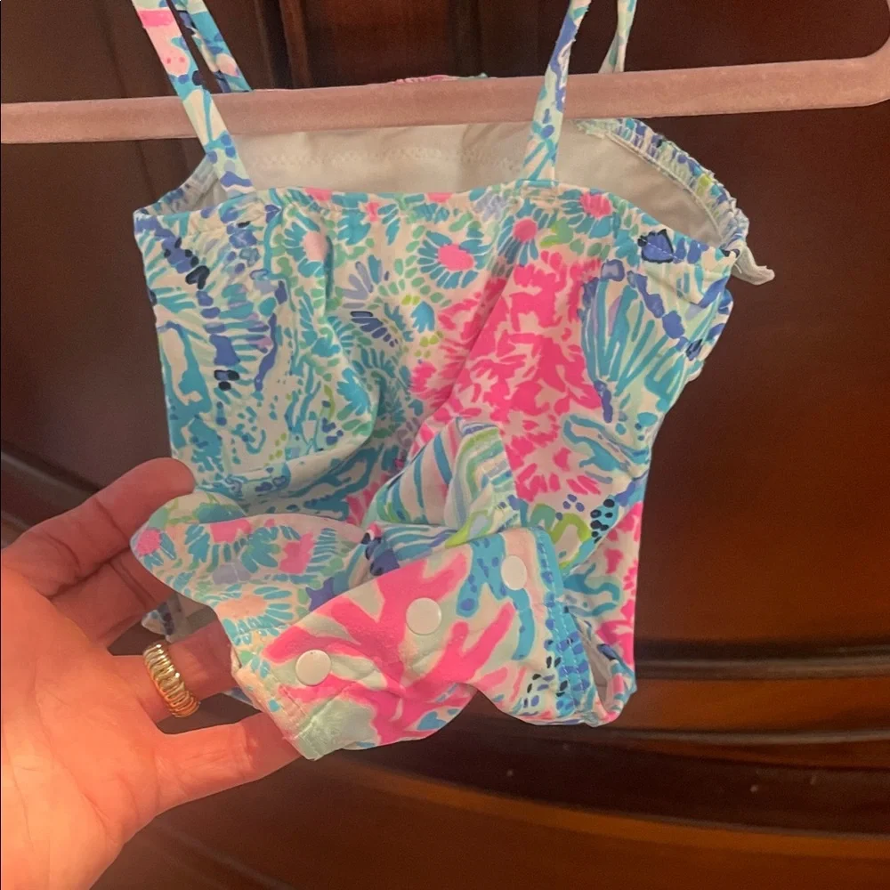 Lilly Pulitzer Girls Pink, Blue & Green Ruffle One-Piece Swimsuit